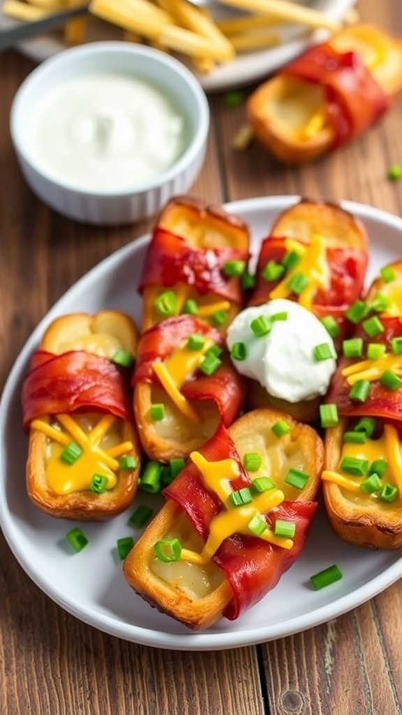 Crispy bacon wrapped potato skins topped with melted cheese and garnished with sour cream and green onions on a wooden table.